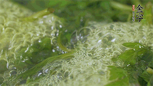 艾草葉放入煮沸的水中，加點(diǎn)食用堿，待變成深綠色時(shí)撈出，放入冰水中，瀝干備用。